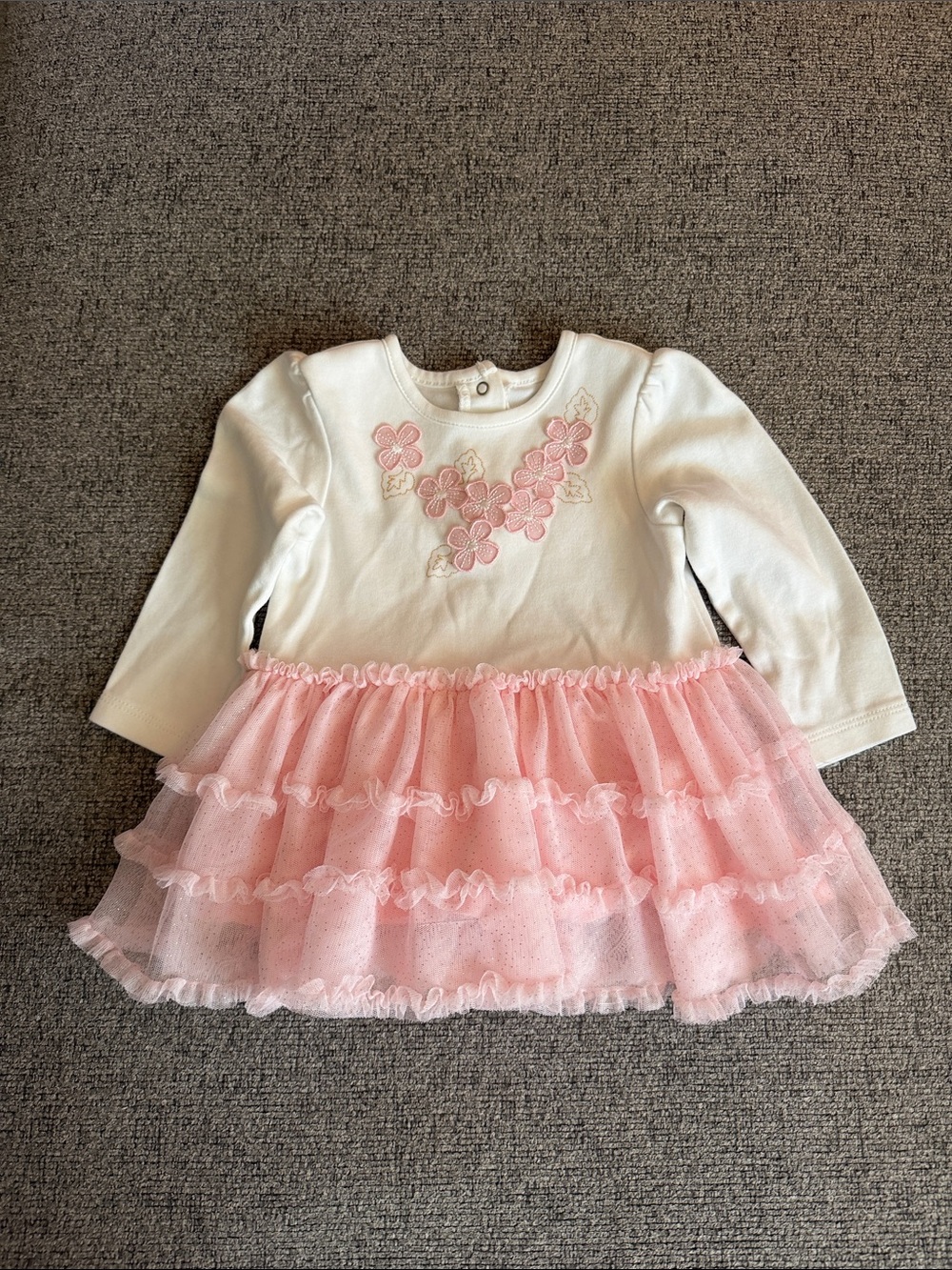 Little Me Cream & Pink Floral Tiered Tulle Dress